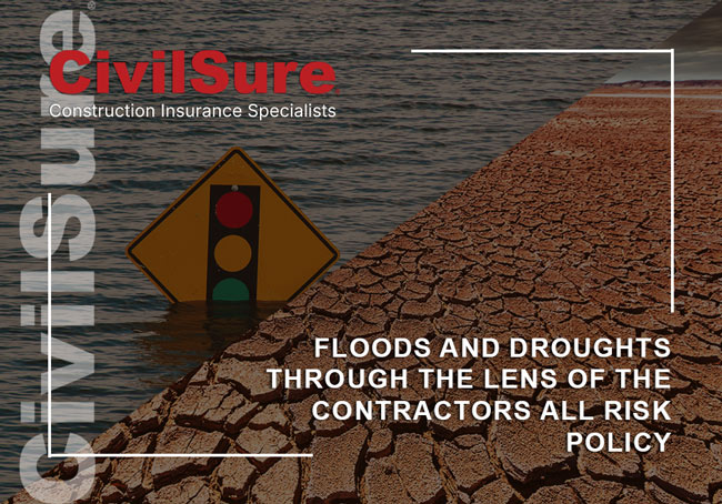 Sign for robots ahead submerged in water due to a flood next to an image of severe drought affecting the ground, making it crack