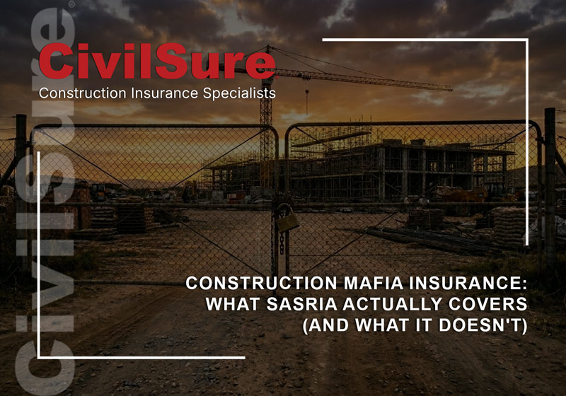locked construction site gate at dusk. Title reads: What Contractors Get Wrong About Construction Mafia, SASRIA, and Extortion Cover