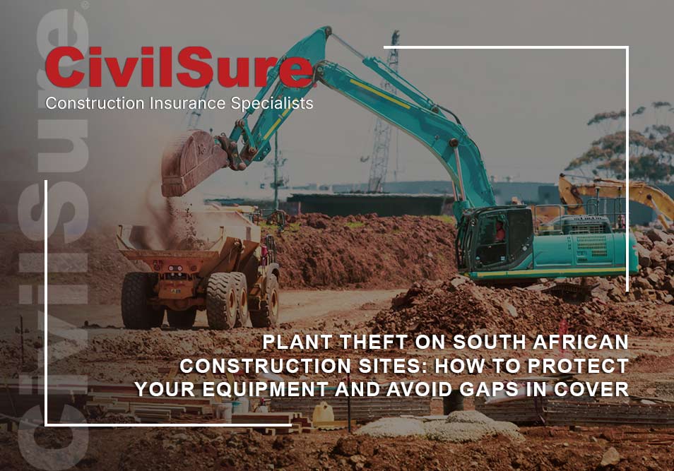 Teal excavator loading a dump truck on a construction site, illustrating the risk of plant theft for South African contractors.